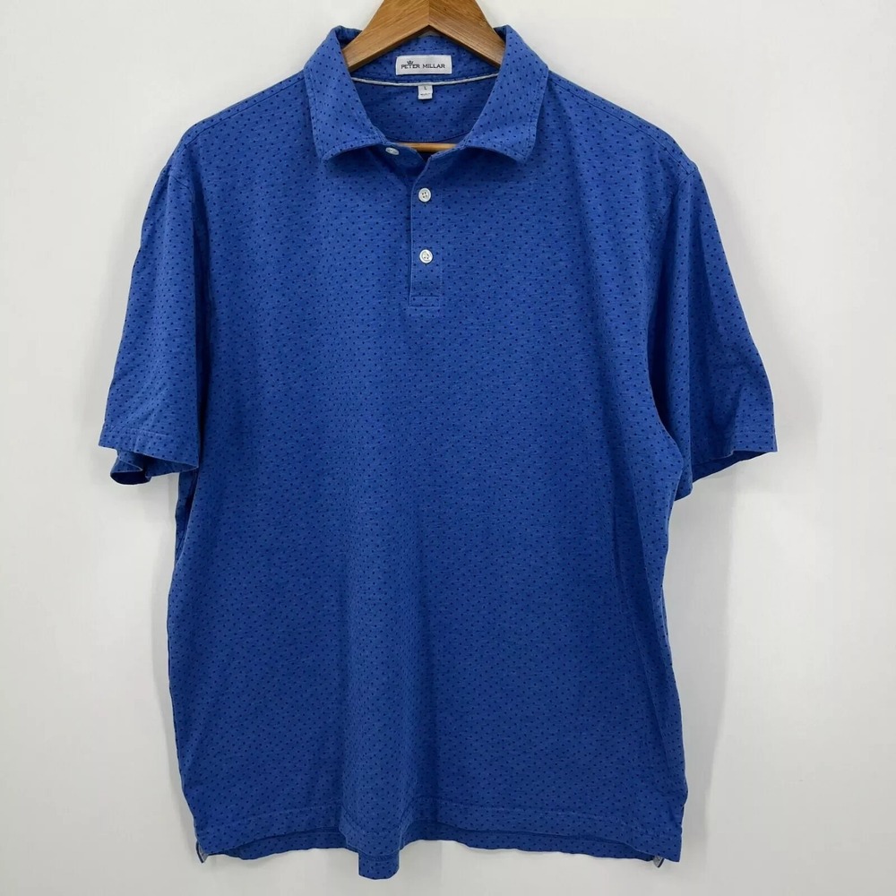 Peter Millar Mens Blue Micro Dot Pima Cotton Silk Polo Shirt Golf Size L